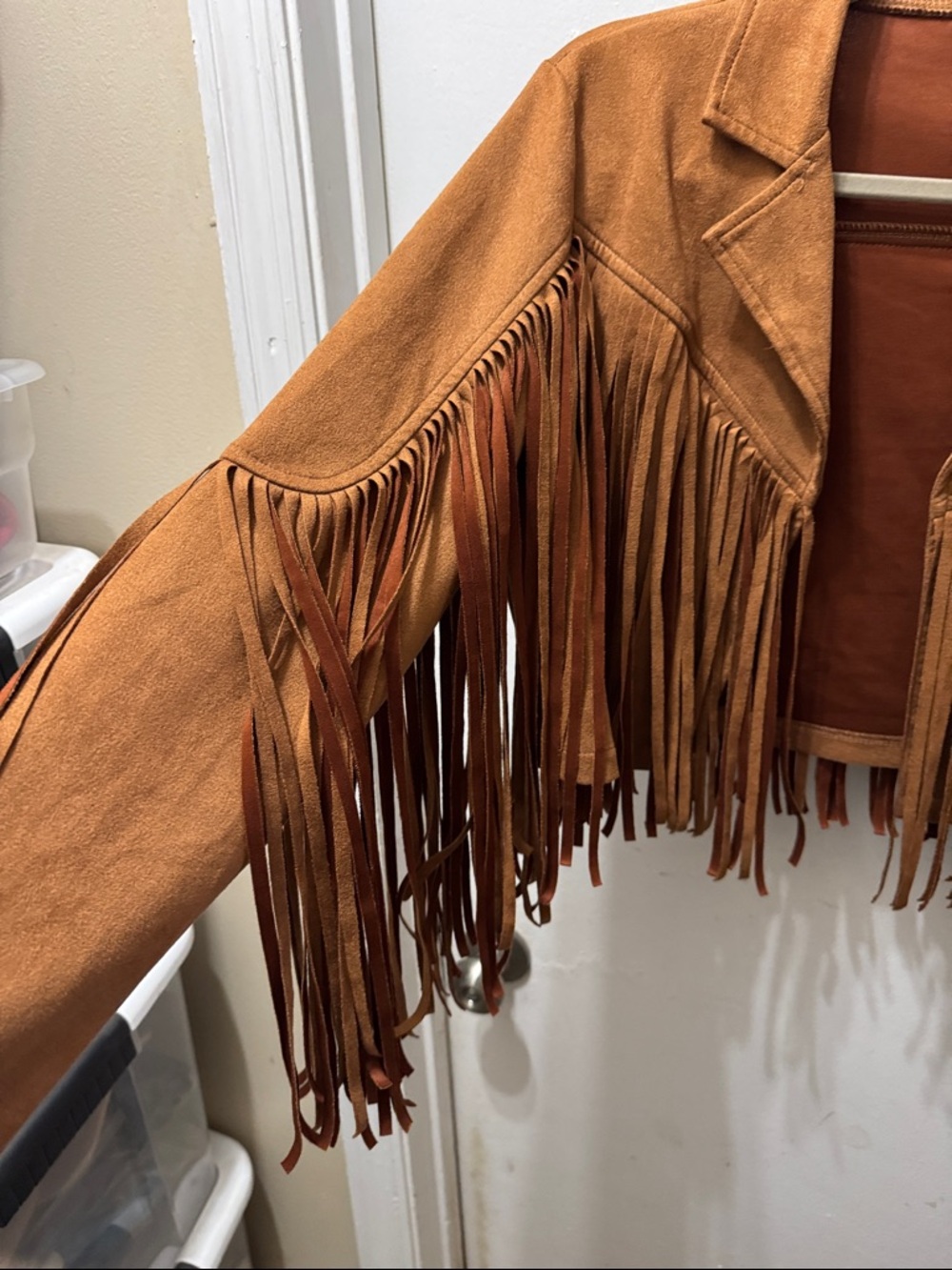 EUC Fringe Suede Jacket - Tan Fringe Cropped Coat - Picture 3 of 4